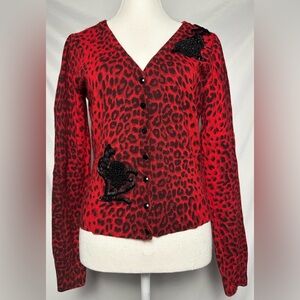 I.N.C. INTERNATIONAL CONCEPTS Red Animal Print Rabbit Beaded Cardigan Size L